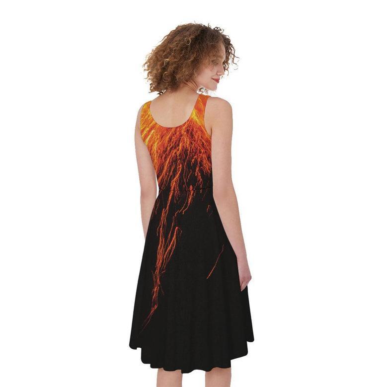 Fire Volcano Print Sleeveless Knee Length Dress