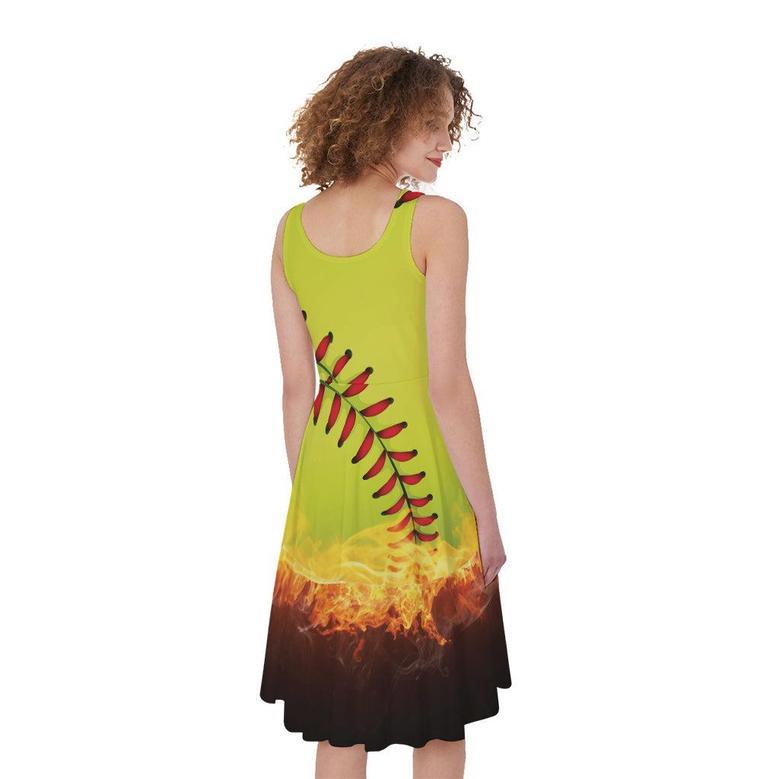 Fireball Softball Print Sleeveless Knee Length Dress