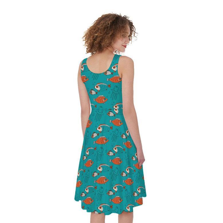 Fish And Jellyfish Pattern Print Sleeveless Knee Length Dress