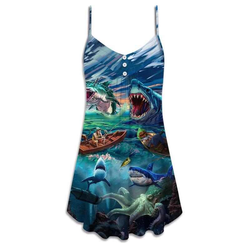 Fishing Shark Crazy Art Style - V-Neck Sleeveless Cami Dress