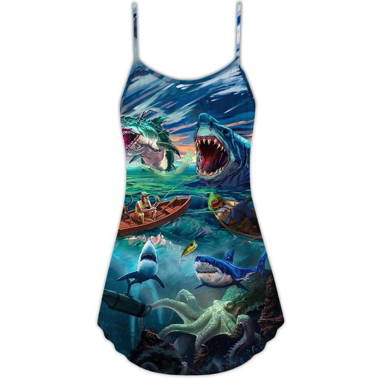 Fishing Shark Crazy Art Style - V-Neck Sleeveless Cami Dress