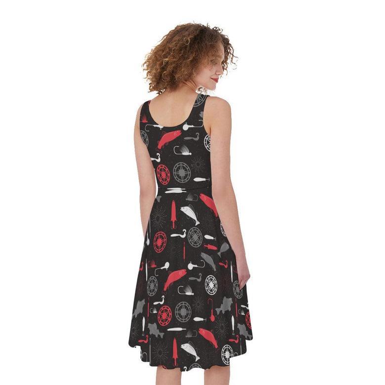 Fishing Theme Pattern Print Sleeveless Knee Length Dress