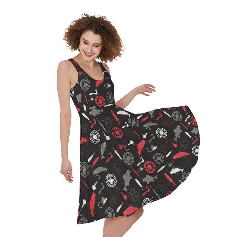 Fishing Theme Pattern Print Sleeveless Knee Length Dress