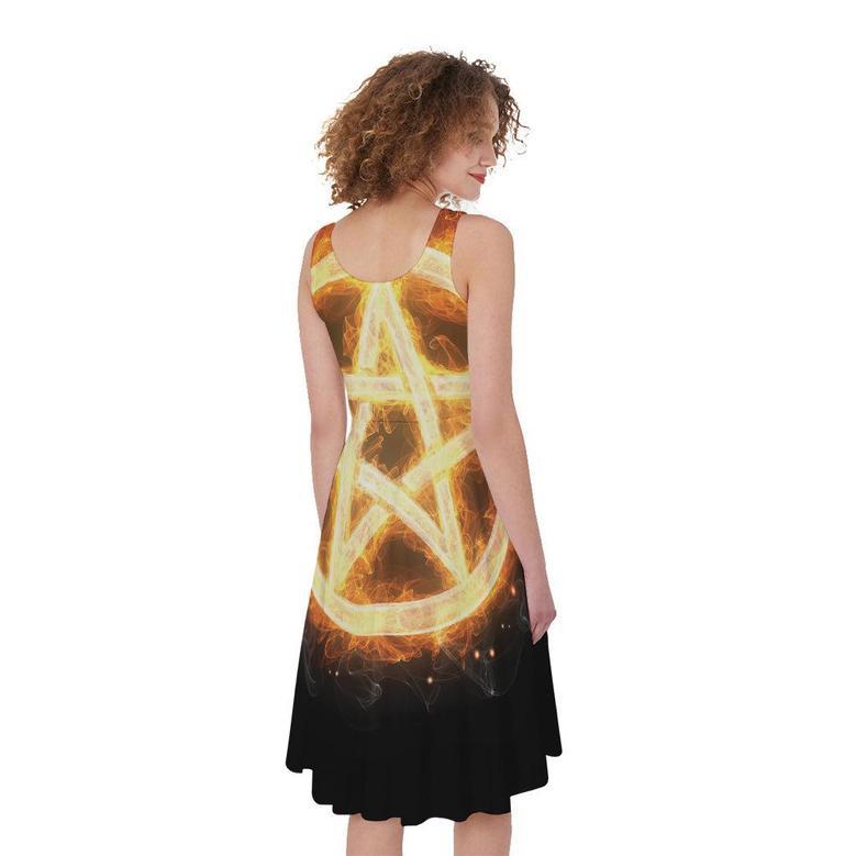 Flame Pentagram Print Sleeveless Knee Length Dress