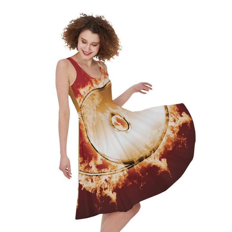 Flaming Yin Yang Print Sleeveless Knee Length Dress