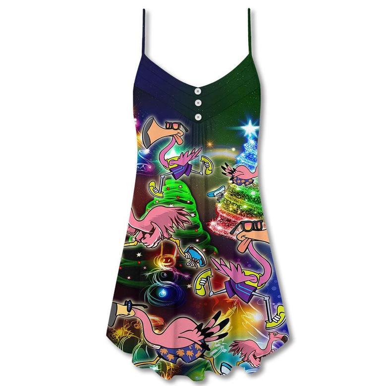 Flamingo Running Christmas Neon Art - V-Neck Sleeveless Cami Dress