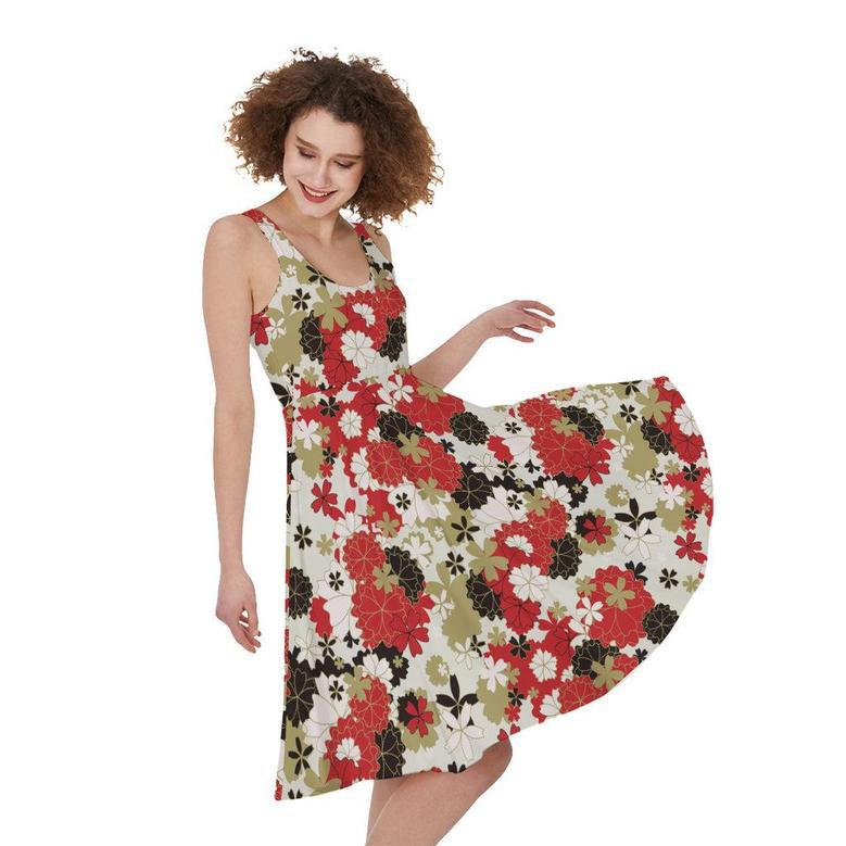 Floral Kimono Pattern Print Sleeveless Knee Length Dress