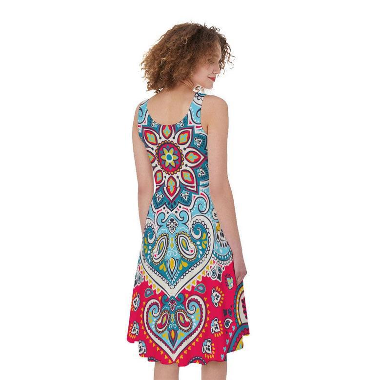 Floral Paisley Mandala Print Sleeveless Knee Length Dress