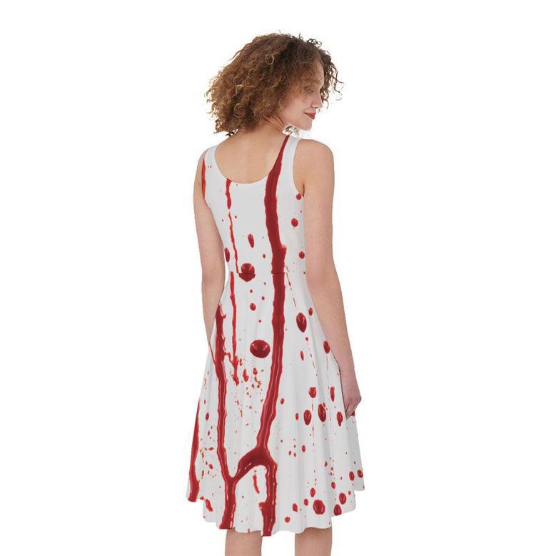 Flowing Red Blood Print Sleeveless Knee Length Dress