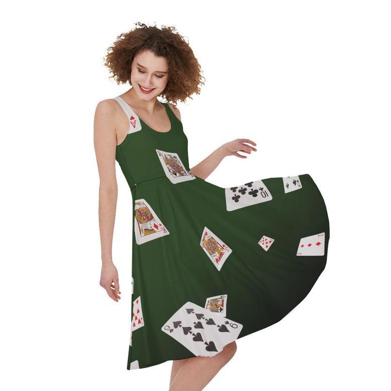 Flying Poker Cards Print Sleeveless Knee Length Dress