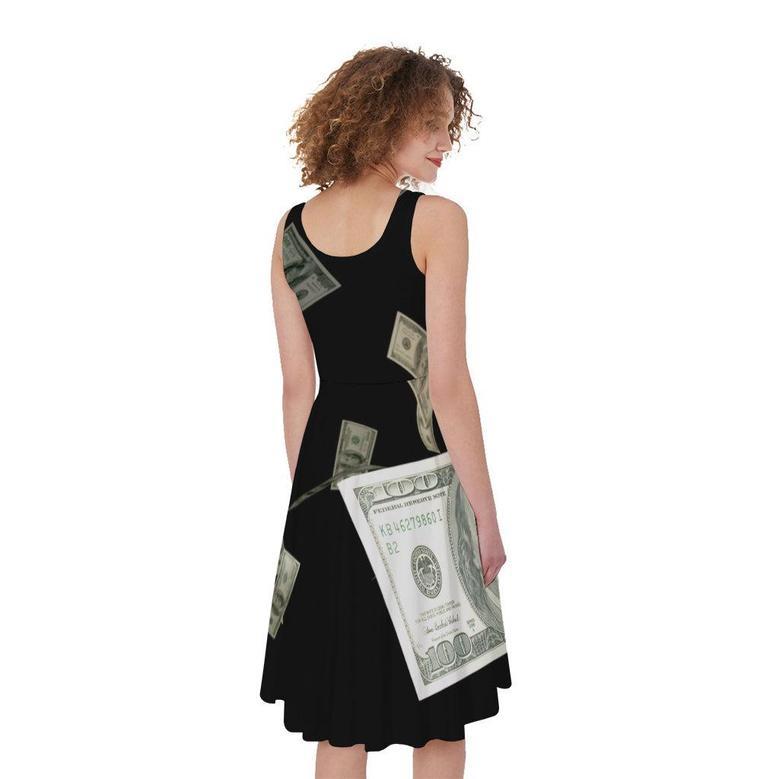 Flying US Dollar Print Sleeveless Knee Length Dress