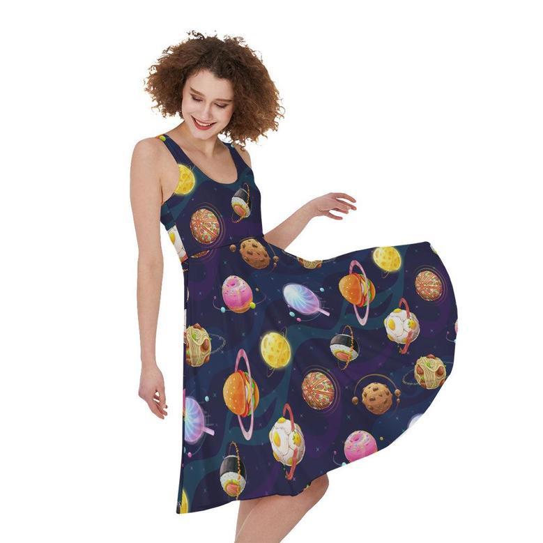 Food Planets Pattern Print Sleeveless Knee Length Dress