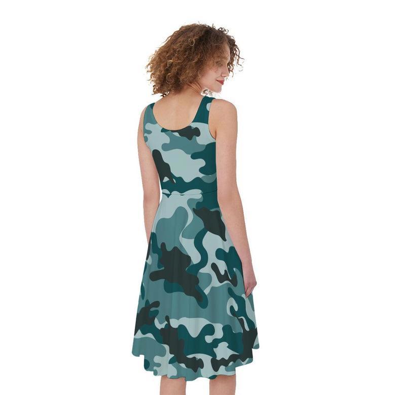 Forest Green Camouflage Print Sleeveless Knee Length Dress