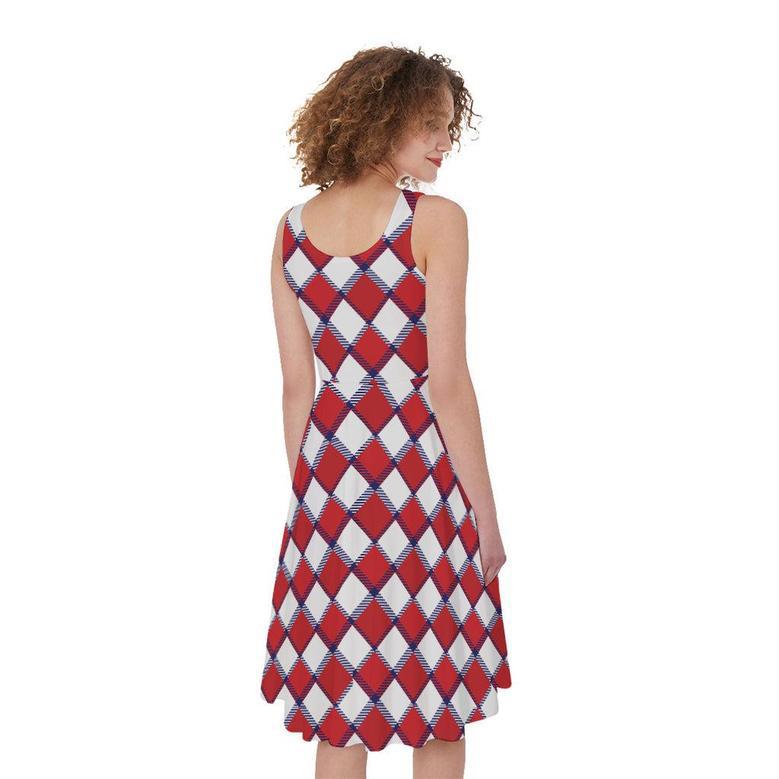 Fourth of July American Plaid Print Sleeveless Knee Length Dress