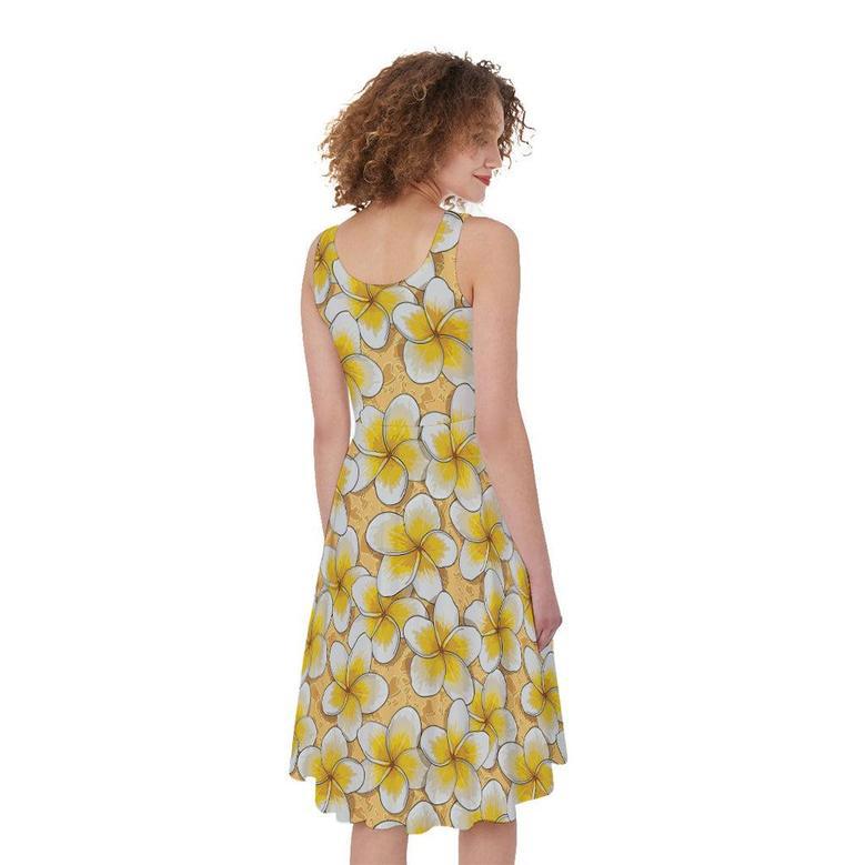 Frangipani Flower Pattern Print Sleeveless Knee Length Dress