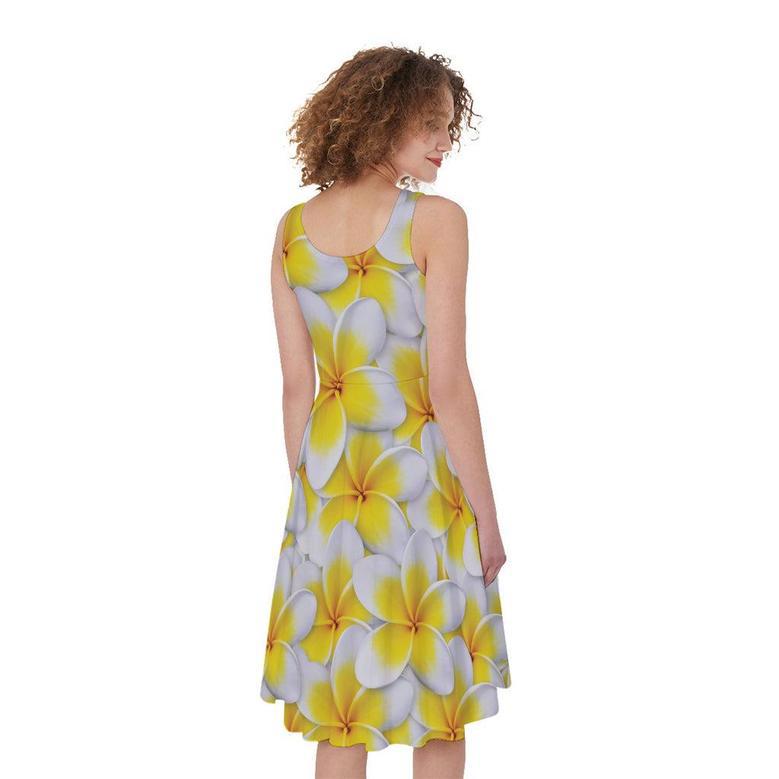 Frangipani Flower Print Sleeveless Knee Length Dress