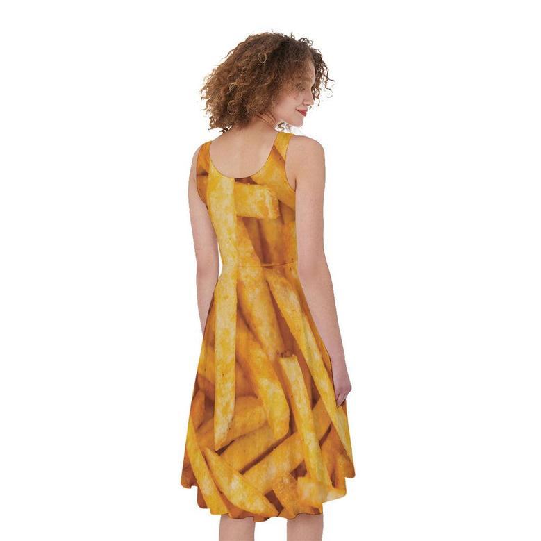 French Fries Print Sleeveless Knee Length Dress