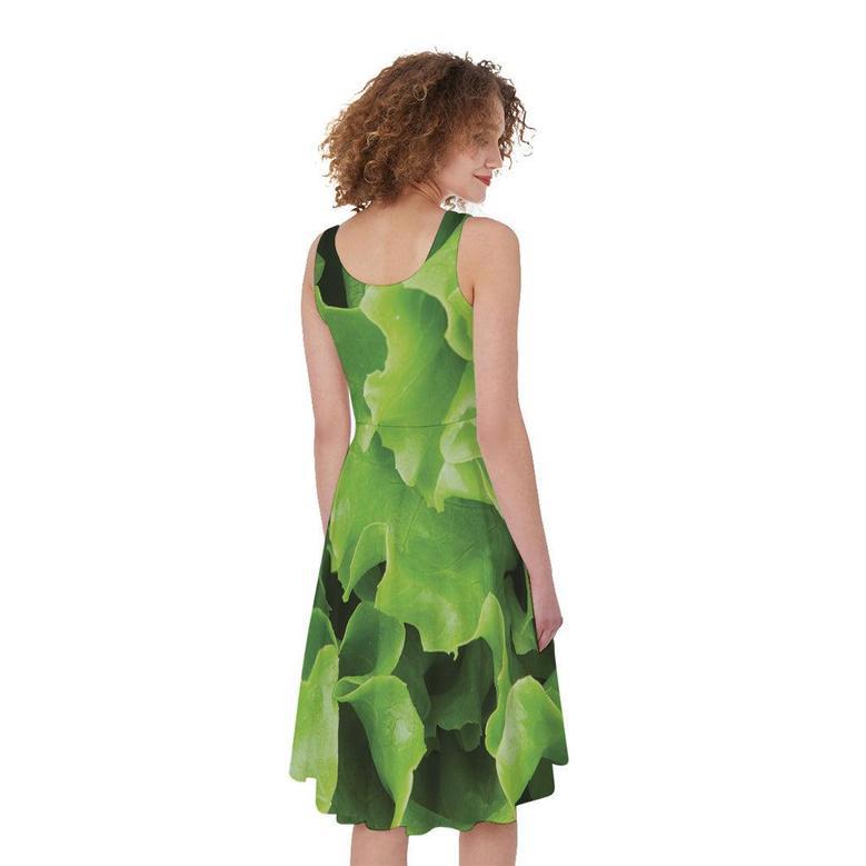 Fresh Lettuce Leaves Print Sleeveless Knee Length Dress