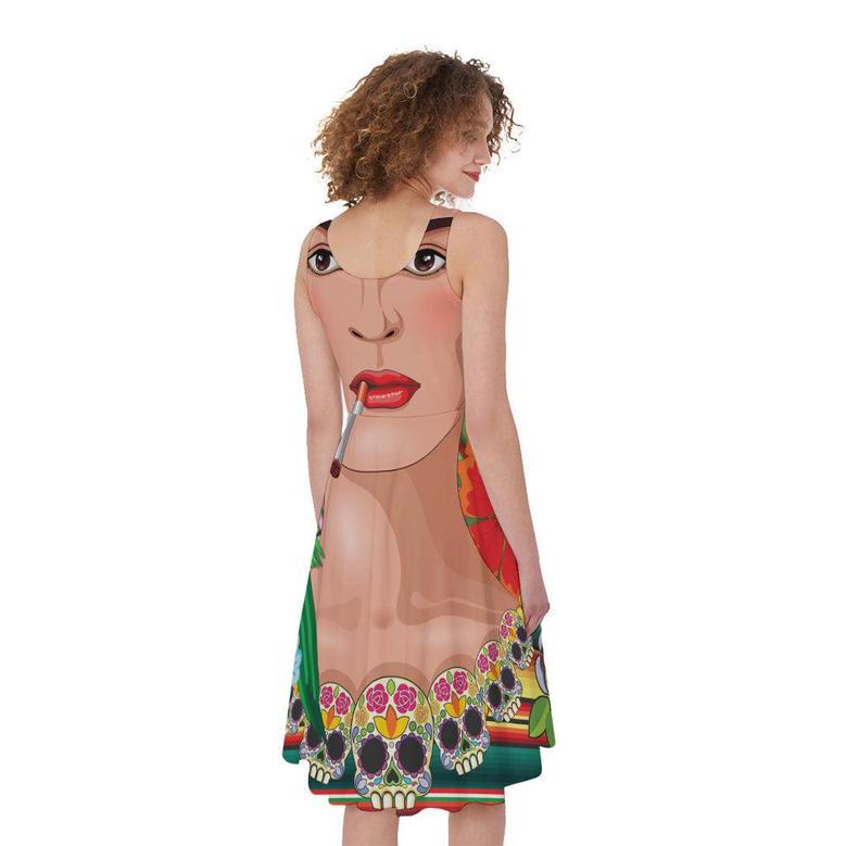 Frida Kahlo Serape Print Sleeveless Knee Length Dress