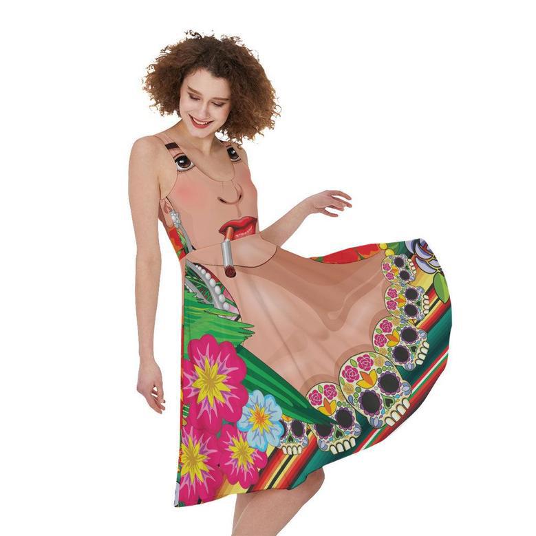 Frida Kahlo Serape Print Sleeveless Knee Length Dress