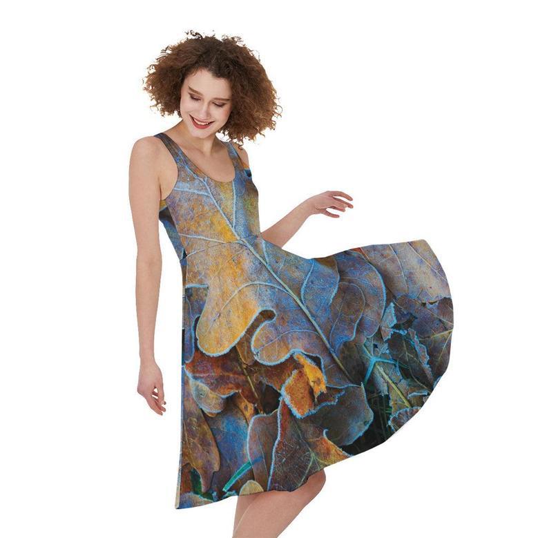 Frozen Oak leaf Print Sleeveless Knee Length Dress