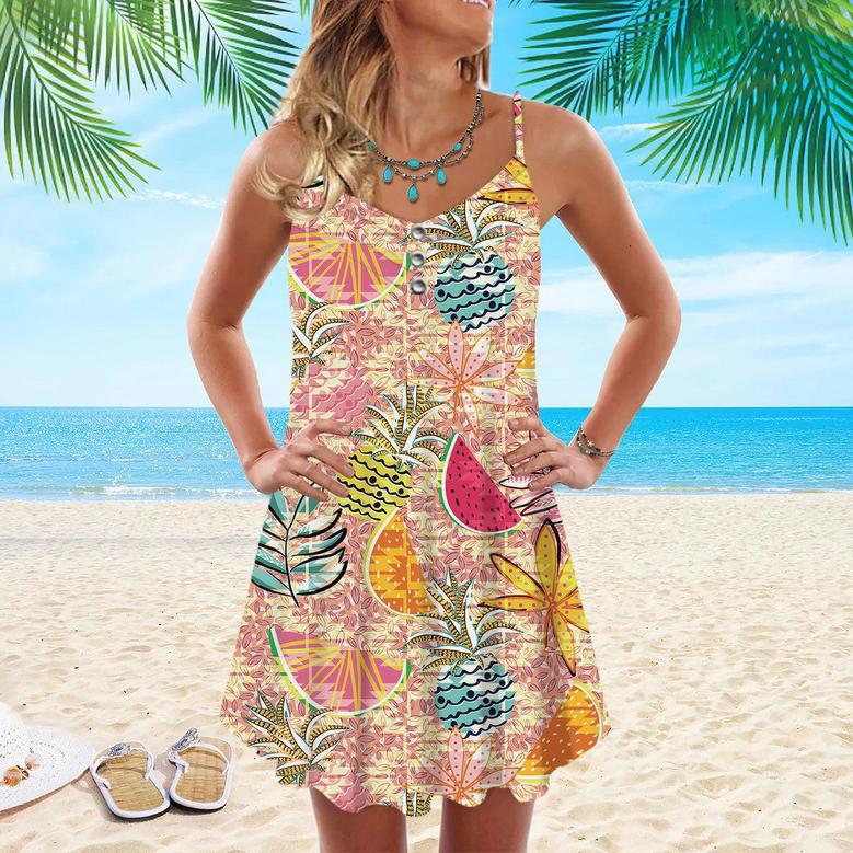 Fruits And Leaves Tropical Pattern Spaghetti Strap Summer Dress