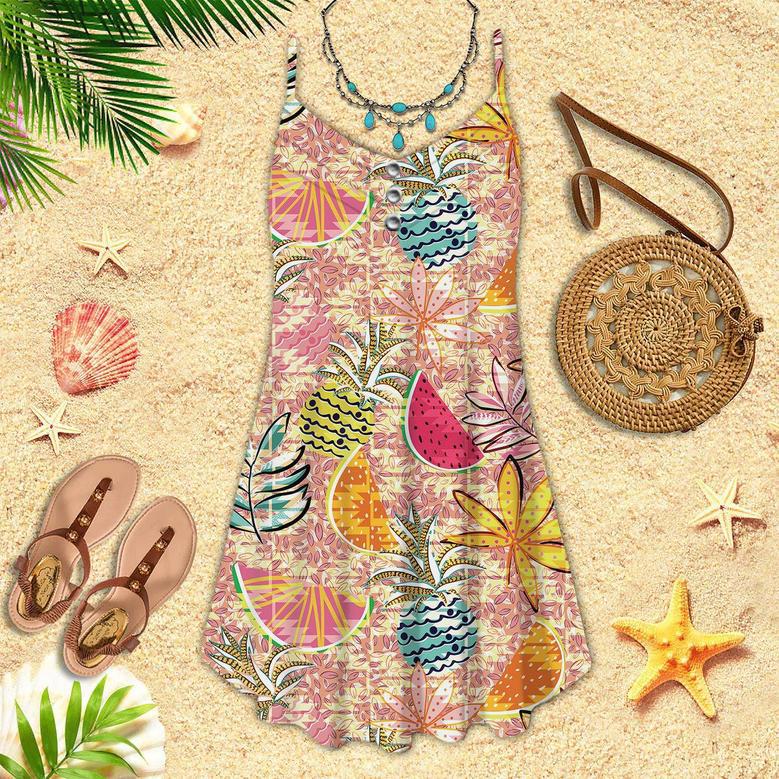 Fruits And Leaves Tropical Pattern Spaghetti Strap Summer Dress