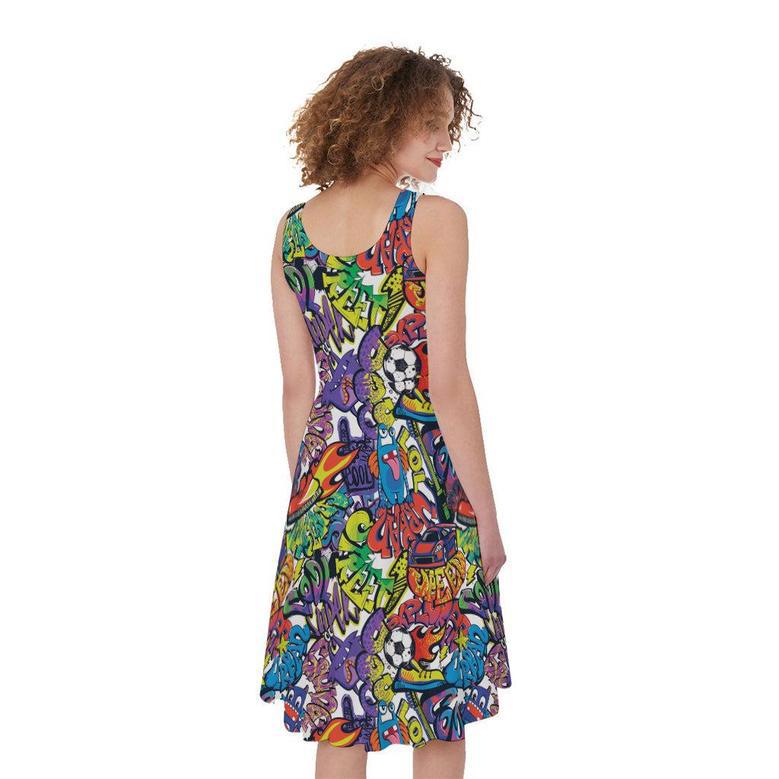 Funky Graffiti Pattern Print Sleeveless Knee Length Dress