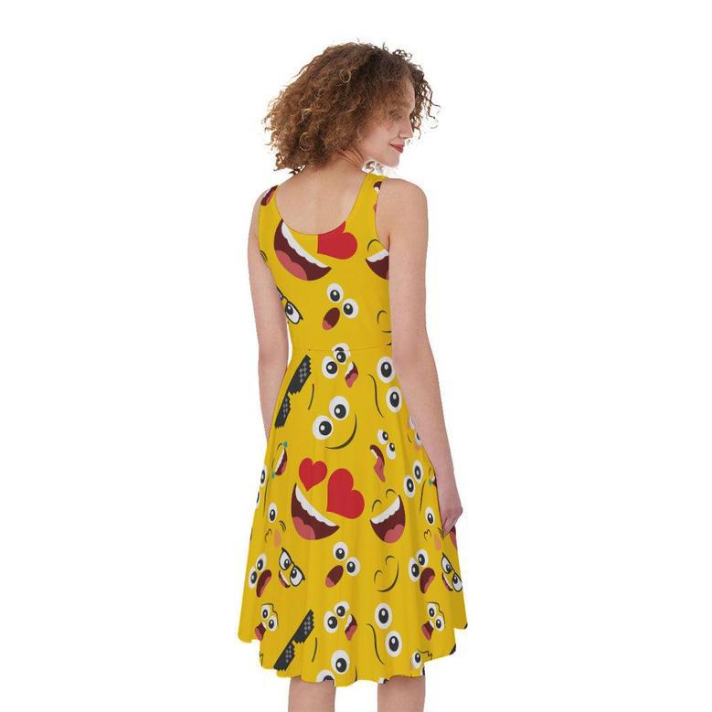 Funny Emoji Pattern Print Sleeveless Knee Length Dress