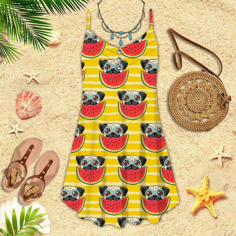 Funny Pug In Sunglasses Eating Watermelon Spaghetti Strap Summer Dress