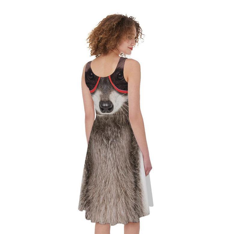 Funny Raccoon Print Sleeveless Knee Length Dress