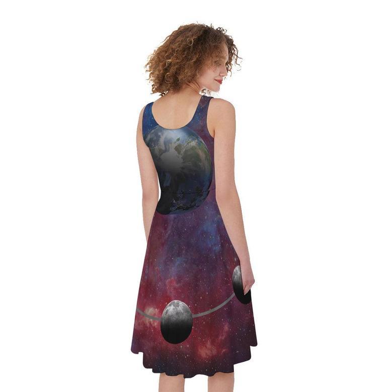 Galaxy Lunar Phase Print Sleeveless Knee Length Dress