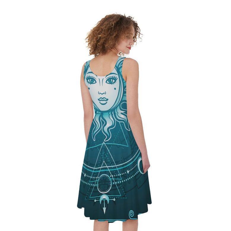 Geometric Celestial Sun And Moon Print Sleeveless Knee Length Dress