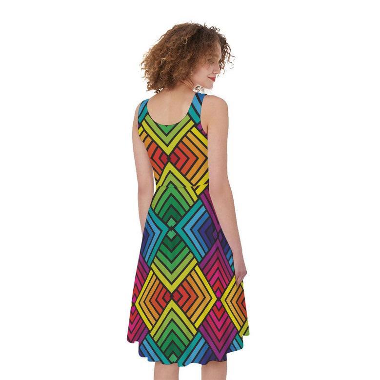 Geometric Rainbow Pattern Print Sleeveless Knee Length Dress