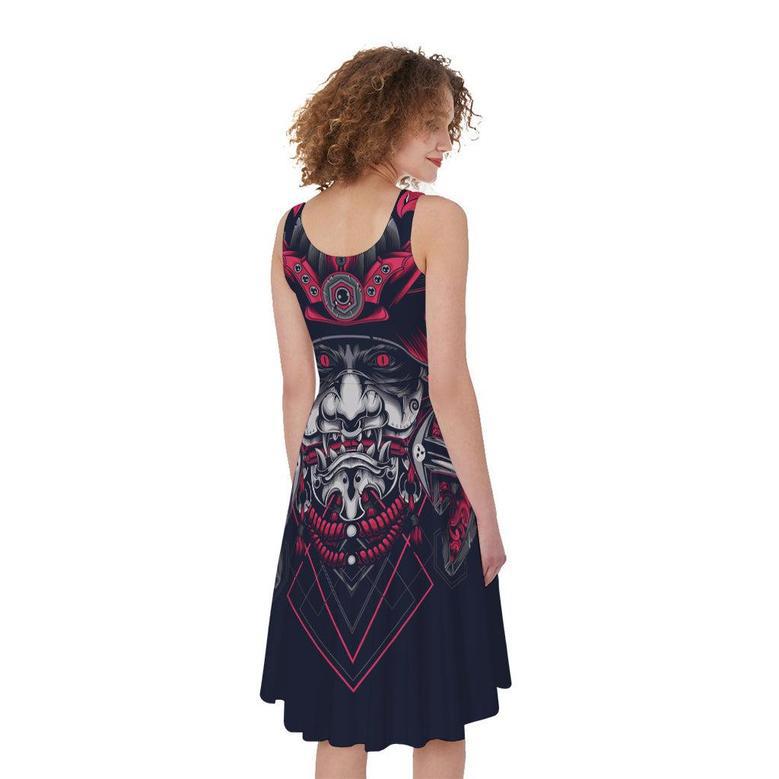 Geometric Samurai Mask Print Sleeveless Knee Length Dress