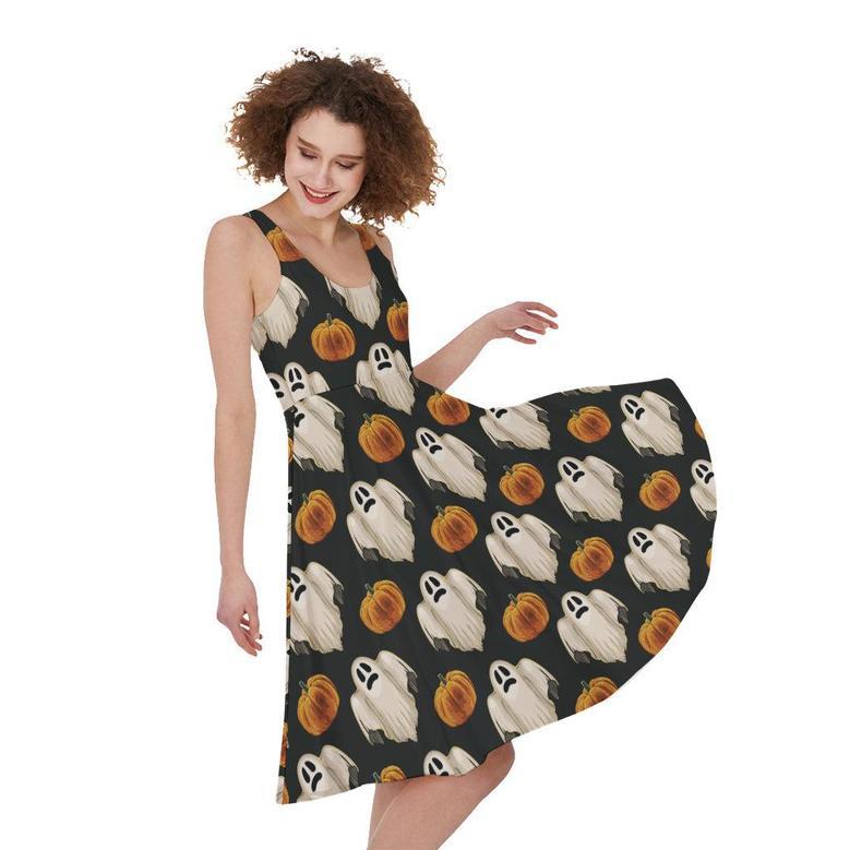 Ghost And Pumpkin Pattern Print Sleeveless Knee Length Dress