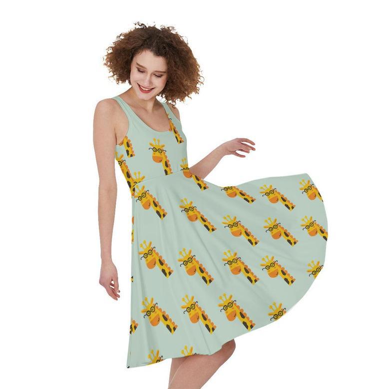 Giraffe With Glasses Pattern Print Sleeveless Knee Length Dress