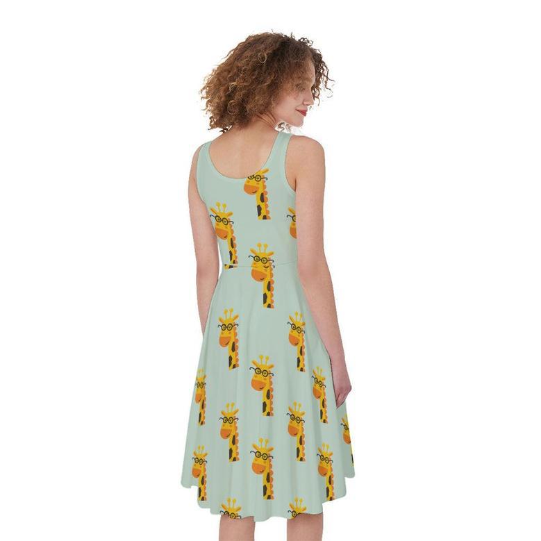 Giraffe With Glasses Pattern Print Sleeveless Knee Length Dress