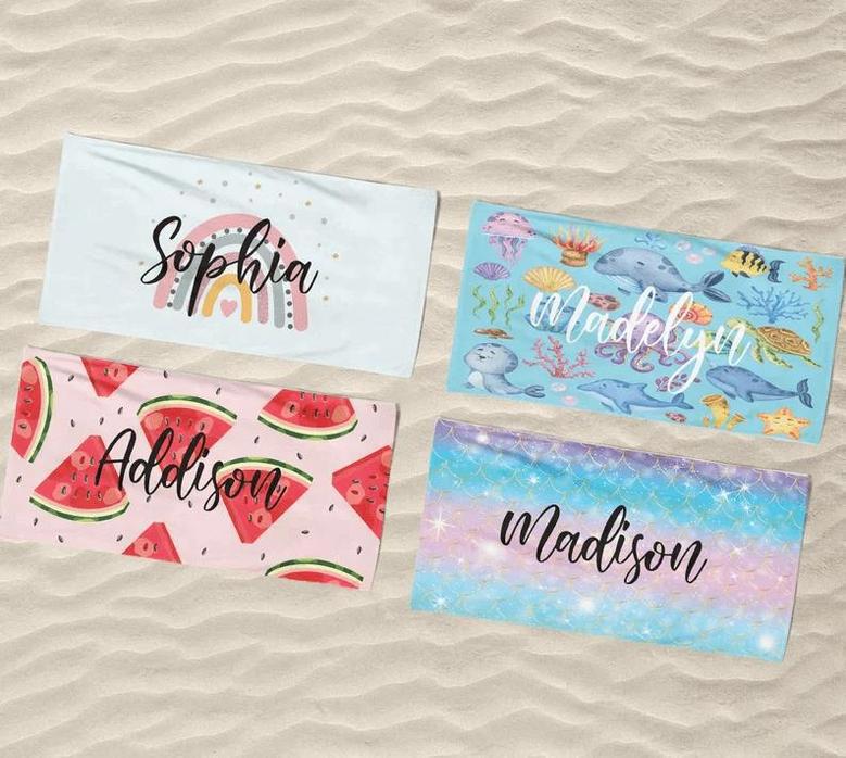 Girls Mermaid Rainbow Watermelon Personalized Name Beach Towels