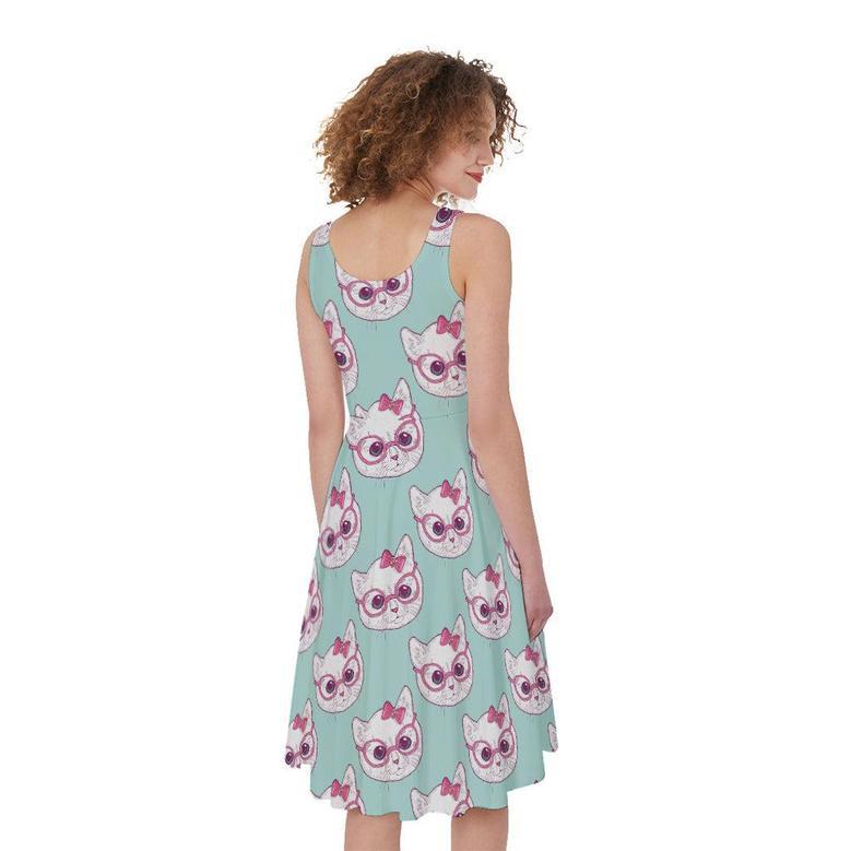 Girly Cat With Glasses Pattern Print Sleeveless Knee Length Dress