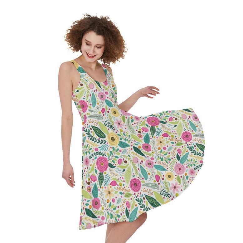 Girly Spring Flower Pattern Print Sleeveless Knee Length Dress