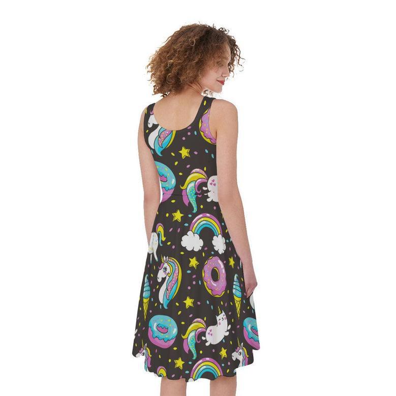 Girly Unicorn Donut Pattern Print Sleeveless Knee Length Dress