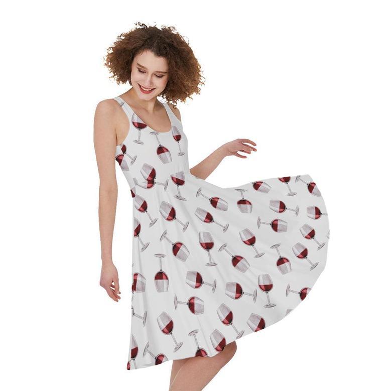 Glasses Of Wine Pattern Print Sleeveless Knee Length Dress