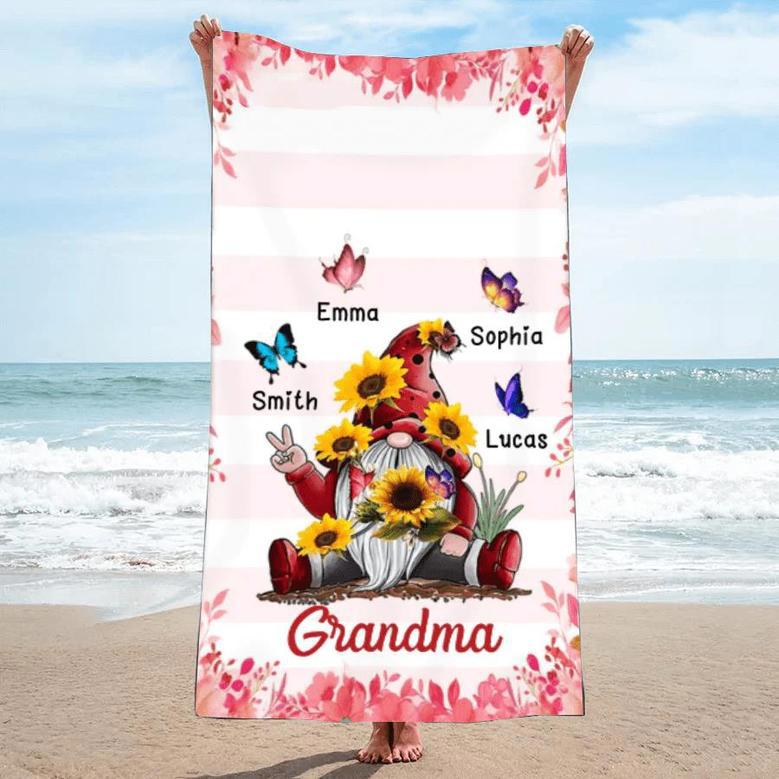 Gnome Grandma Butterfly Personalized Beach Towels Mom Summer Gift