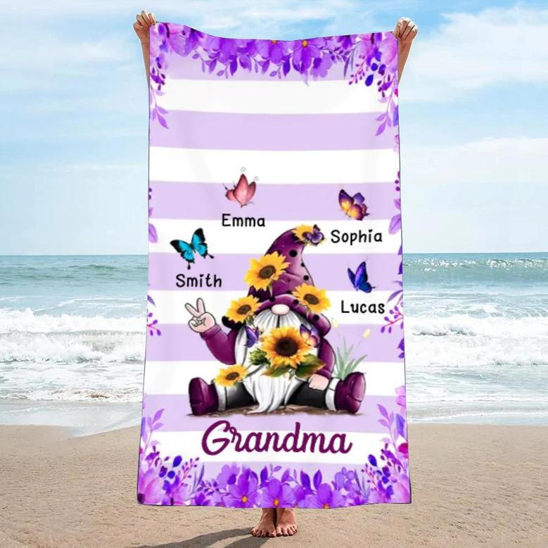 Gnome Grandma Butterfly Personalized Beach Towels Mom Summer Gift