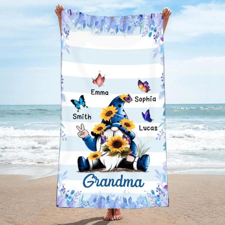 Gnome Grandma Butterfly Personalized Beach Towels Mom Summer Gift