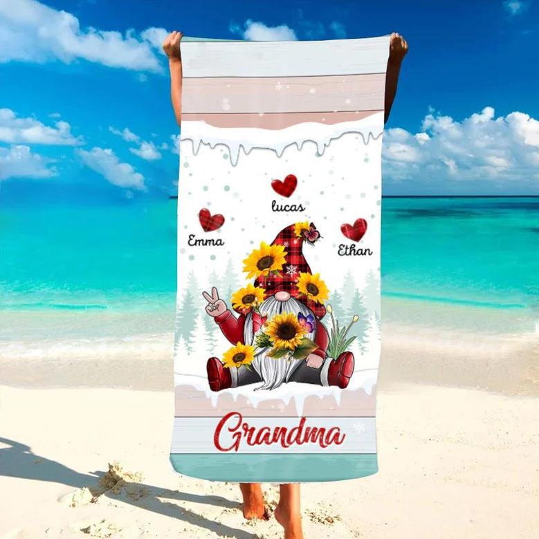 Gnome Sunflower Personalized Grandma Beach Towels Unique Summer Gift