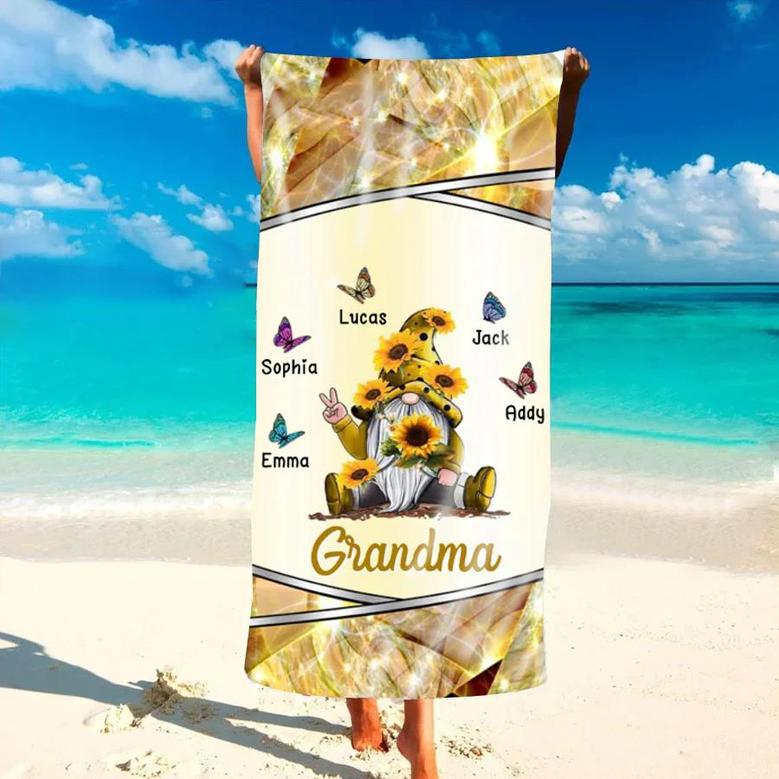 Gnome Sunflower Personalized Grandma Beach Towels Unique Summer Gift