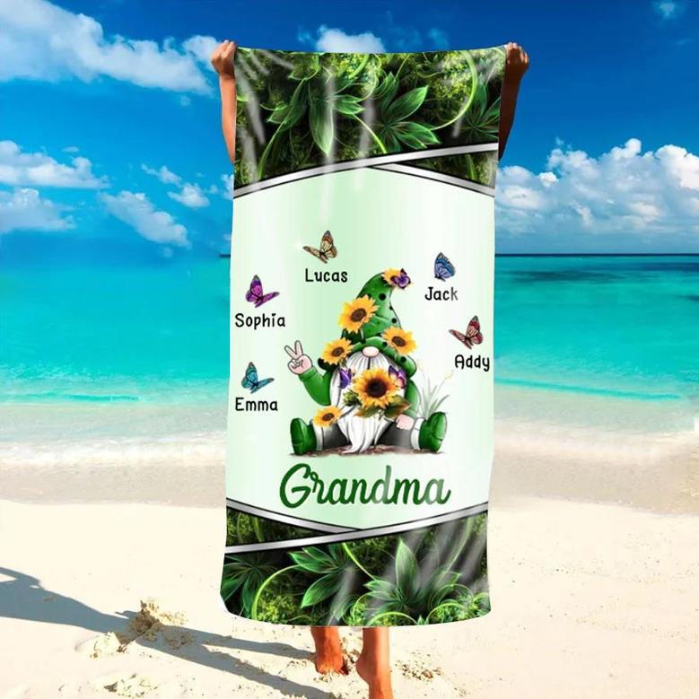 Gnome Sunflower Personalized Grandma Beach Towels Unique Summer Gift