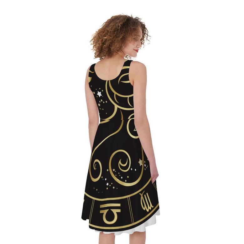 Gold And Black Aries Sign Print Sleeveless Knee Length Dress